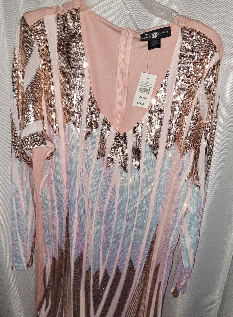 Ashley Stewart  Rose-Gold Sequin V-Neck Long Sleeve Dress
